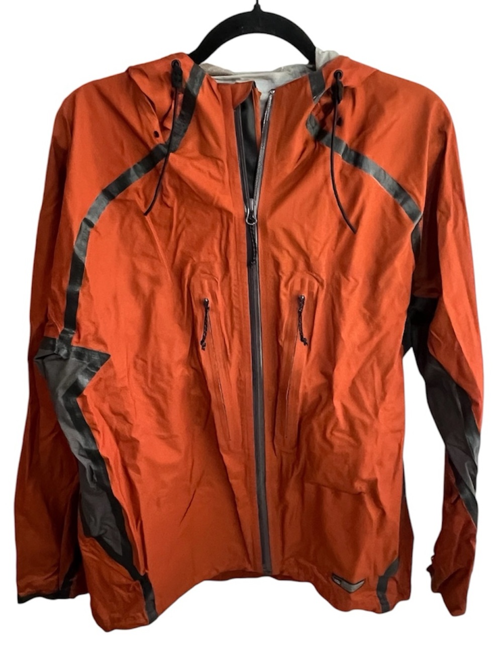 REI Dark Orange Grey Hooded Rain Wind Resistant Jacket Size Large Outdoor Hiking